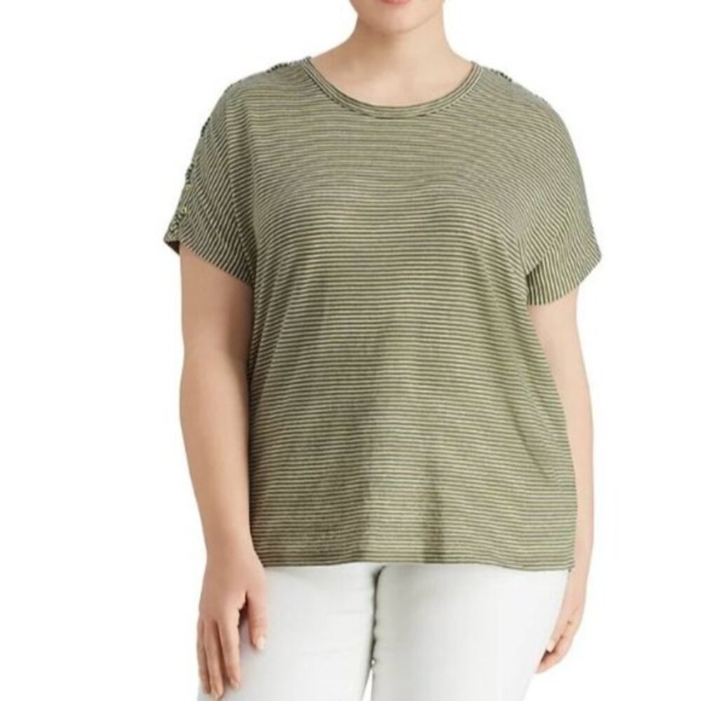 Ralph Lauren Linen Blend Atshar Striped Lace Up Sleeve Tee Green 3X Preppy NWT